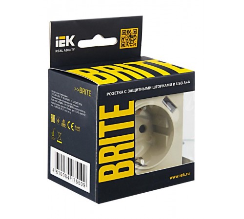 BRITE Розетка с заземлением со шторками 16А с USB A+A 2,1А РЮш10-1-БрКр бежевый  BR-R14-16-U21-D21-K10  IEK