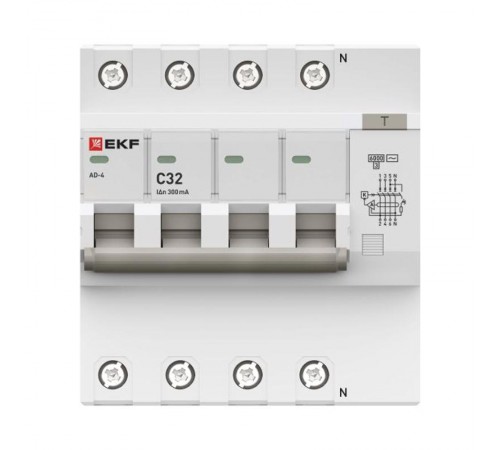Дифференциальный автомат АД-4 32А/300мА (хар. C, AC, электронный) 6кА EKF PROxima  DA4-6-32-300-pro  EKF
