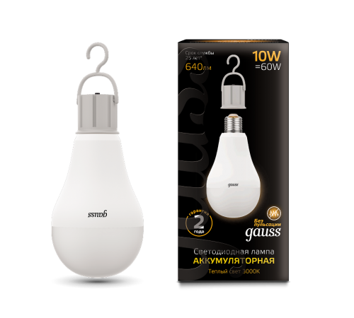 Лампа светодиодная LED A60 10W E27 640lm 3000K с Li-Ion аккумулятором 1/10/60  102402100  Gauss