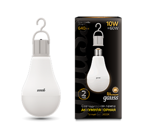 Лампа светодиодная LED A60 10W E27 640lm 3000K с Li-Ion аккумулятором 1/10/60  102402100  Gauss