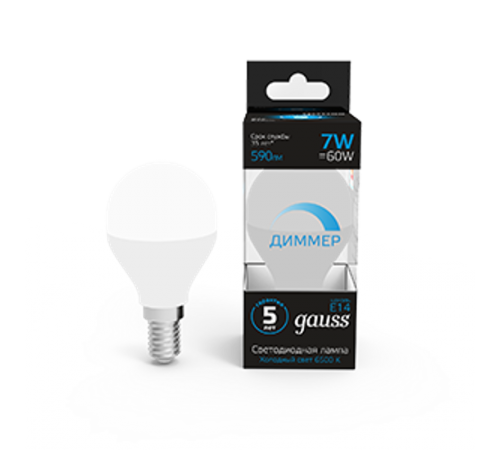 Лампа светодиодная Шар 7W 590lm 6500К E14 диммируемая  105101307-D  Gauss
