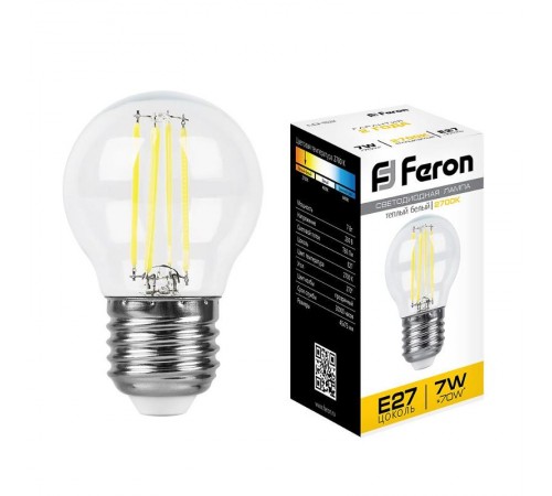 Лампа светодиодная LB-52 (7W) 230V E27 2700K филамент G45 прозрачная  25876  FERON