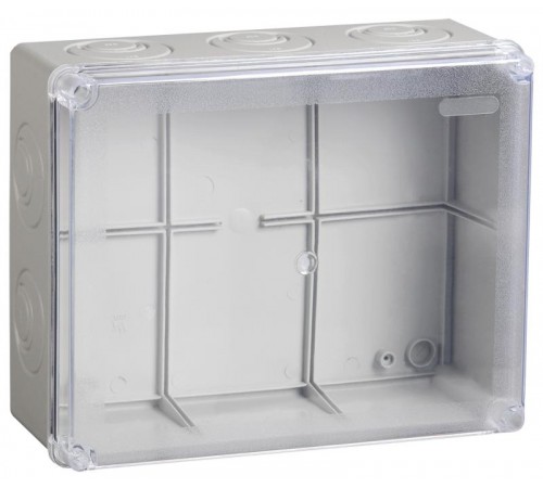 Коробка распределительная КМ41277 для о/п 240х195х165 мм IP44 (RAL7035, прозр. кр., кабельные вводы 5 шт)  UKO10-240-195-165-K51-44  IEK