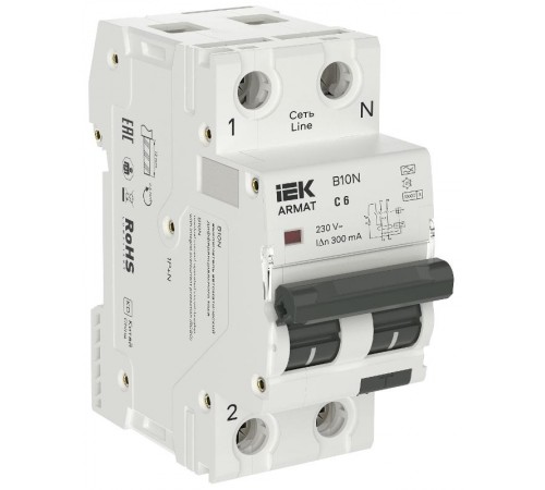 ARMAT Автоматический выключатель дифференциального тока B10N 1P+NP C6 300мА тип A (36мм)  AR-B10N-1N-C006A300  IEK