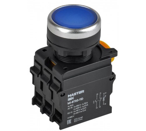 Кнопка с подсветкой d=22мм 1NO+1NC синяя MASTER  MI-BT60-11D-3-12-K07  IEK