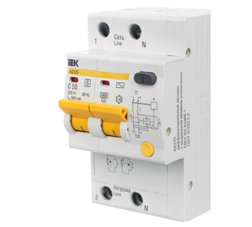 Выключатель автоматический дифференциального тока АД12S 2п 50А C 300мА тип AC (3 мод)  MAD13-2-050-C-300  IEK