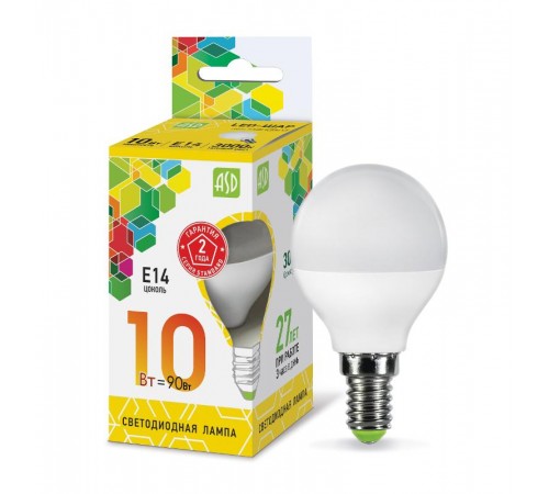 Лампа светодиодная LED-ШАР-standard 10Вт 230В Е14 3000К 900Лм  4690612015446  ASD