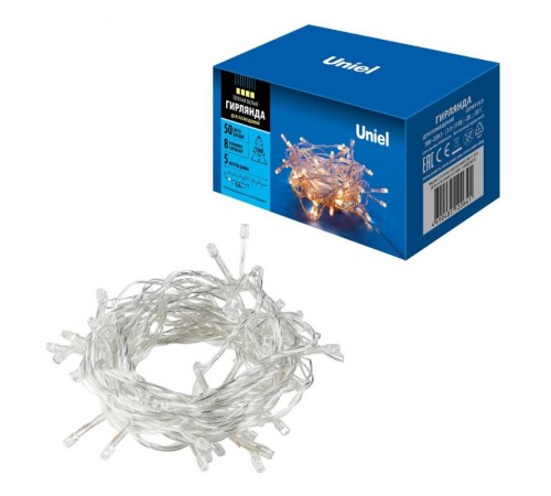 Гирлянда светодиодная  с контроллером  ULD-S0500-050/DTA WARM WHITE IP20   5м. 50 диодов. теплый белый свет. шнур прозр..  UL-00005256  Uniel