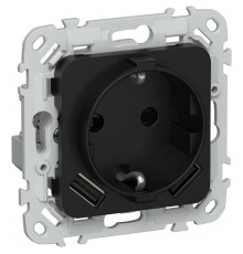 FLITE Розетка с заземлением со шторками 16А с USB A+A 3,1А быстрозажимные клеммы РСЮша11-1-ФлЧ черный  FI-R14-16-1-U21-D31-K02  IEK