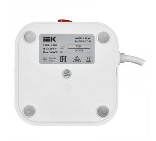 DOMINIC Удлинитель У08K 1,5м 3х1мм2 USB A+C 20Вт бел  DN-YP30-16-08-01-ZKU-K01  IEK