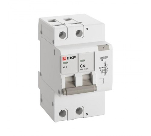 Дифференциальный автомат АД-2 6А/10мА (х-ка C, АС, электронный) 6кА EKF PROxima  DA2-6-06-10-pro  EKF