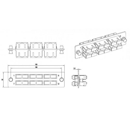 Панель FO-FPM-W120H32-6DSC-BL для FO-19BX с 6 SC (duplex) адаптерами, 12 волокон, одномод, 120x32 мм, адаптеры цвета синий (blue)  54246  Hyperline