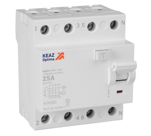 Выключатель дифференциального токаOptiDin DM63-4225-A-4,5-УХЛ4 (4P, 25, 30mA)  343915  КЭАЗ