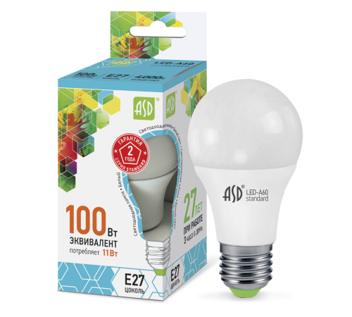 Лампа светодиодная LED-A60-standard 11Вт 230В Е27 4000К 990Лм  4690612001715  ASD