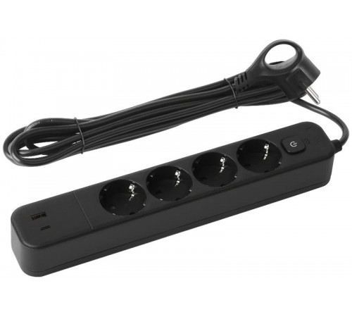 Сетевой фильтр  USF-4es-3m-2xUSBAC-B с базовой защитой с заземлением с выключателем 4 розетки+2xUSBA+C 2,4A 3м 10А   Б0059574  ЭРА