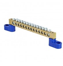 Шина "0" N (6х9мм) 14 отверстий латунь 2 синих угловых изолятора розничный стикер EKF PROxima  sn0-63-14-2-r  EKF