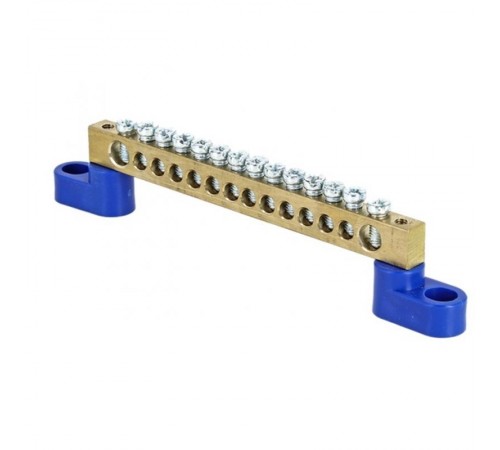 Шина "0" N (6х9мм) 14 отверстий латунь 2 синих угловых изолятора розничный стикер EKF PROxima  sn0-63-14-2-r  EKF