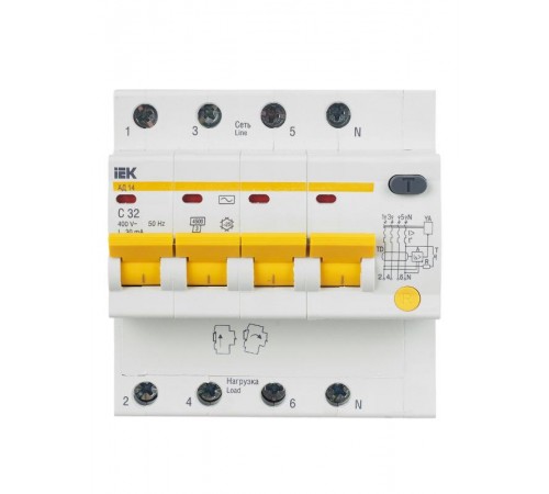 Выключатель автоматический дифференциального тока АД14 4п 32А C 30мА тип AC (5 мод)  MAD10-4-032-C-030  IEK