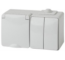 Блок розетка+выключатель 2-клавишный горизонтальный IP65, 16A(10AX)-250В, ОУ,11-7602-03 Эра Эксперт, Серый  Б0035994  ЭРА