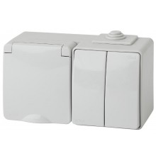 Блок розетка+выключатель 2-клавишный горизонтальный IP65, 16A(10AX)-250В, ОУ,11-7602-03 Эра Эксперт, Серый  Б0035994  ЭРА