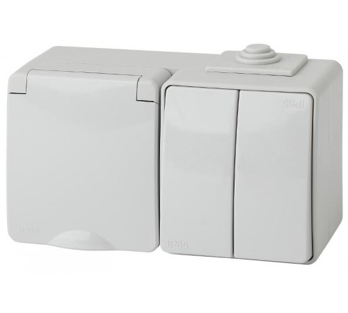 Блок розетка+выключатель 2-клавишный горизонтальный IP65, 16A(10AX)-250В, ОУ,11-7602-03 Эра Эксперт, Серый  Б0035994  ЭРА