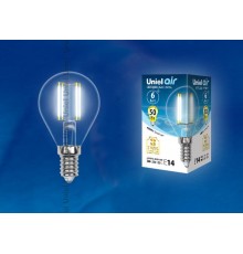 Лампа светодиодная LED-G45-6W/NW/E14/CL GLA01TR LED. "шар", прозр серия Air. 4000K  UL-00002207  Uniel