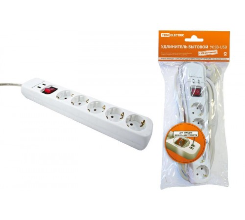 Удлинитель бытовой  У05В-USB 5 гнезд, 2USB разъема, 1,5 метра, вык., з/к, ПВС 3х1мм2  16А/250В   SQ1303-0302  TDM