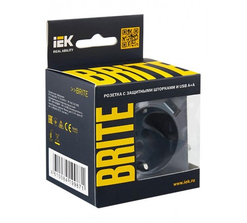 BRITE Розетка с заземлением со шторками 16А с USB A+A 2,1А РЮш10-1-БрМ маренго  BR-R14-16-U21-D21-K35  IEK