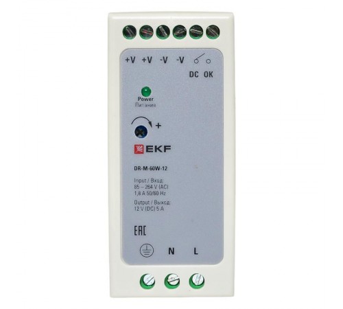 Блок питания на дин рейку 60Вт,Uвх ~ 220 В AC m, Uвых - 12 В DC постоянного тока DR-M-60W-12 EKF