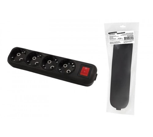 Колодка розеточная 4 гнезда 2П+3 c выключателем 16А 250В черная серии "Народная"  SQ1806-0430  TDM