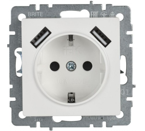 BRITE Розетка с заземлением со шторками 16А с USB A+A 2,1А РЮш10-1-БрБ белый  BR-R14-16-U21-D21-K01  IEK