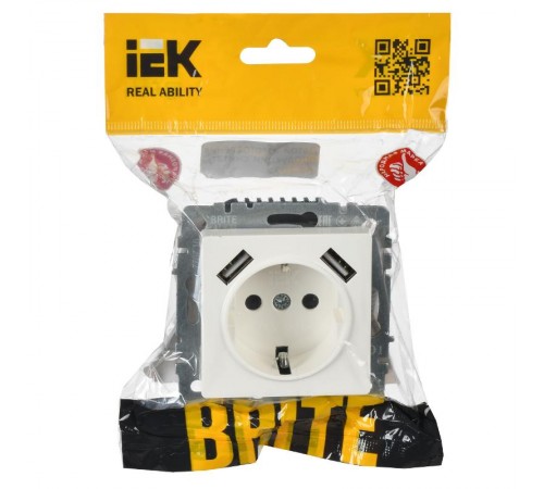 BRITE Розетка с заземлением со шторками 16А с USB A+A 2,1А РЮш10-1-БрБ белый  BR-R14-16-U21-D21-K01  IEK