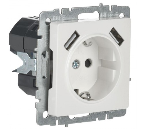 BRITE Розетка с заземлением со шторками 16А с USB A+A 2,1А РЮш10-1-БрБ белый  BR-R14-16-U21-D21-K01  IEK