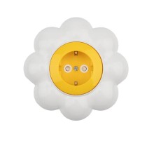 Розетка одноместная HAPPY Ромашка скрытой установки, с заземлением и защитными шторками, желтая/белая  KR-78-0622  Kranz