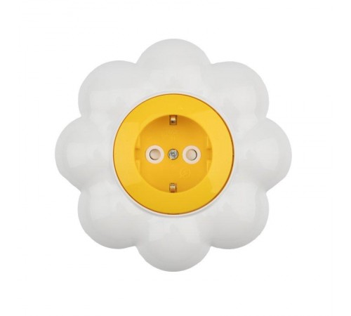 Розетка одноместная HAPPY Ромашка скрытой установки, с заземлением и защитными шторками, желтая/белая  KR-78-0622  Kranz