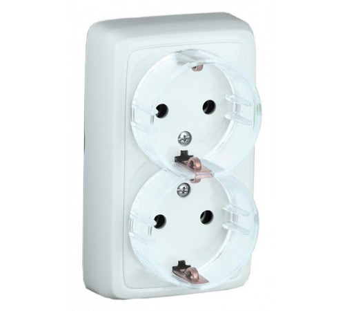 Розетка открытой установки, двухместная, с заземляющим контактом, со шторками, цвет белый  РА16-182  HEGEL
