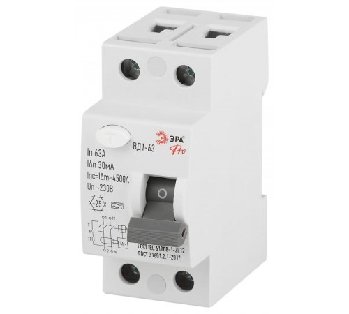 УЗО PRO VD12EM63A30 ВД1-63 4,5кА 2P 63А 30мА тип A электромеханическое   Б0063906  ЭРА