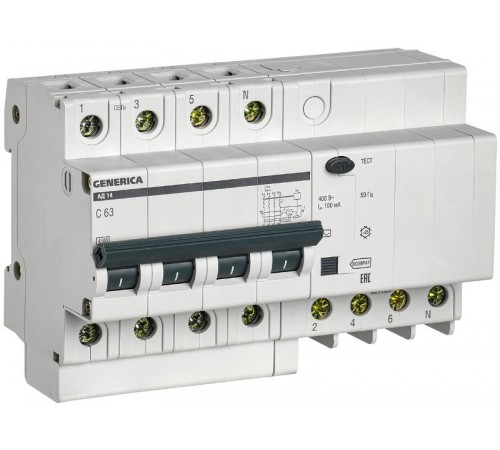 Выключатель автоматический дифференциального тока АД14 4п 63А C 100мА тип AC (8 мод)  MAD15-4-063-C-100  GENERICA