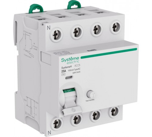 Systeme9 Выключатель дифференциального тока (ВДТ) 25A 4P 100мА Тип-AC 400В  S9R13425  SE