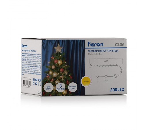 Гирлянда светодиодная линейная 230V 200 LED желтый, IP 20, шнур 3м , CL06  32314  FERON
