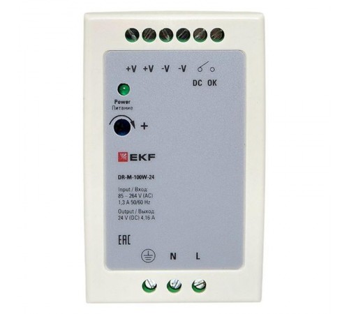 Блок питания на дин рейку 100Вт,Uвх ~ 220 В AC m, Uвых - 24 В DC постоянного тока DR-M-100W-24 EKF