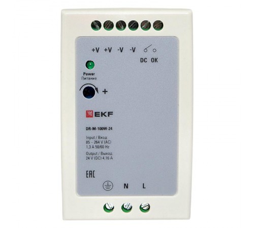 Блок питания на дин рейку 100Вт,Uвх ~ 220 В AC m, Uвых - 24 В DC постоянного тока DR-M-100W-24 EKF