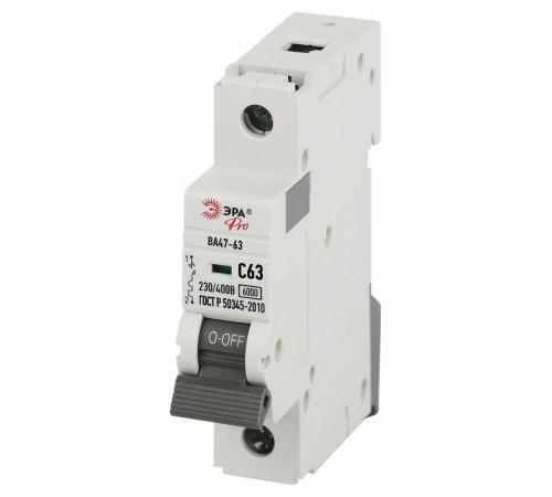 Автоматический выключатель PRO VA63-1P63C6 ВА47-63 1P 63А кривая C 6кА   Б0063145  ЭРА