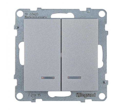 SUNO Выключатель двухклавишный 10АХ 250В с подсветкой/индикацией. Безвинтовые зажимы. Цвет "Алюминий"  721315  Legrand