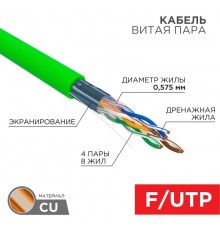 Кабель витая пара F/UTP, CAT 6, нг(А)-LSLTx, 4х2х0,575мм, 23AWG, INDOOR, SOLID, зеленый, 305м  01-0171  REXANT