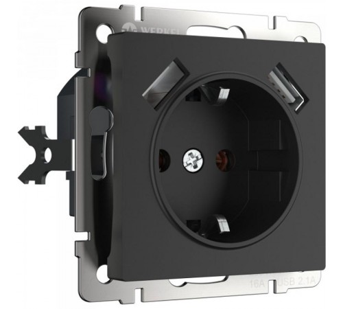 W1171508/ Электроустановочные изделия - Розетка с заземлением, шторками и USBх2 (черный матовый)