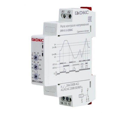 Реле контроля напряжения однофазное,  тип DRV, конфигурация контакта 1CO, 220В AC  DRV-C-1-220AC  DKC