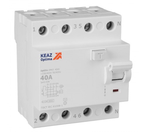 Выключатель дифференциального токаOptiDin DM63-4240-AC-4,5-УХЛ4 (4P, 40, 30mA)  343892  КЭАЗ