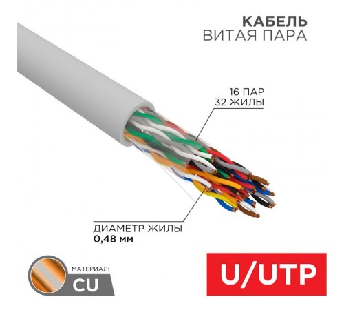Кабель витая пара U/UTP, CAT 5е, PVC, 16PR, 24AWG, INDOOR, SOLID, серый, 305м, РФ REXANT  01-1012-R  REXANT