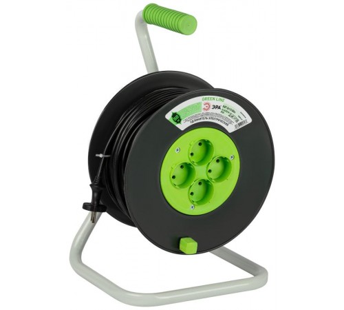Удлинитель силовой ЭРА GREEN LINE KAT-2x1.5-50m Greenline на катушке пластик 4 розетки без заземления 50м ПВС 2x1.5мм2   Б0065097  ЭРА